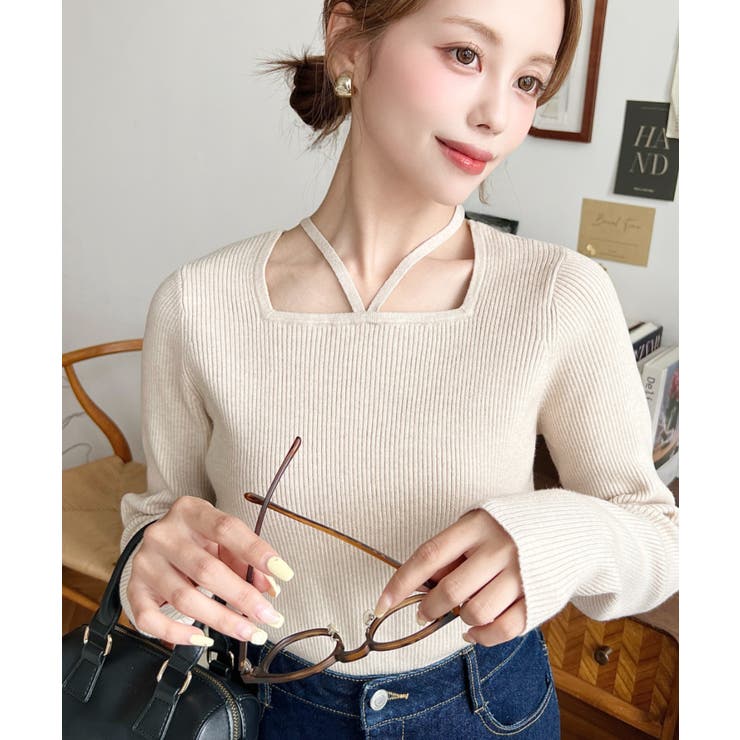 ナチュラル | ホルターネックリブニットプルオーバー12G | moment+