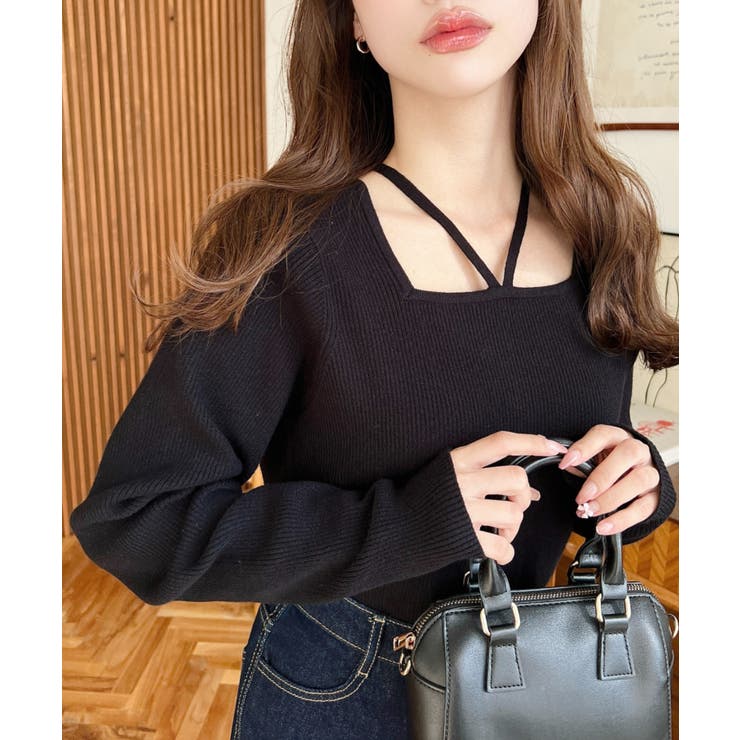 ブラック | ホルターネックリブニットプルオーバー12G | moment+