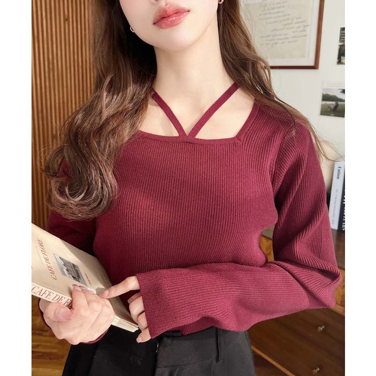 ボルドー | ホルターネックリブニットプルオーバー12G | moment+