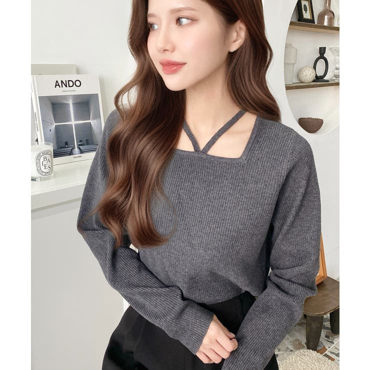 チャコールグレー | ホルターネックリブニットプルオーバー12G | moment+