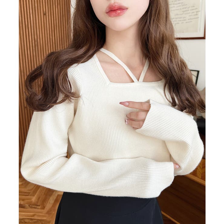 アイボリー | ホルターネックリブニットプルオーバー12G | moment+