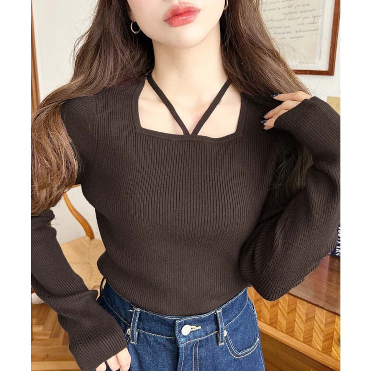 ブラウン | ホルターネックリブニットプルオーバー12G | moment+