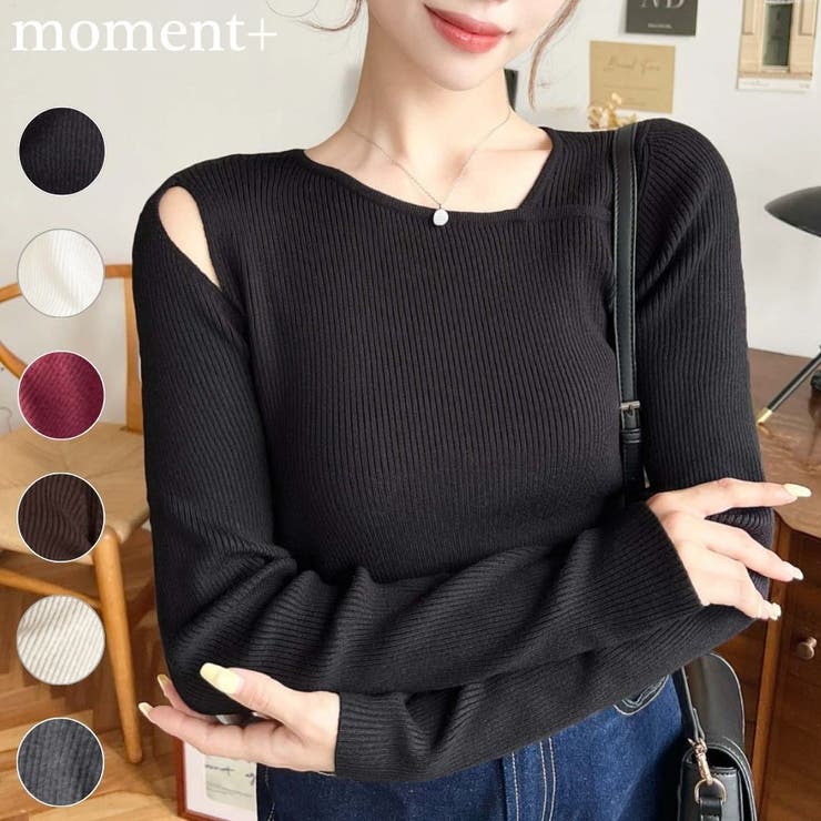 ショルダースリットアシンメトリーネックリブニットプルオーバー12G | moment+ | 詳細画像1 