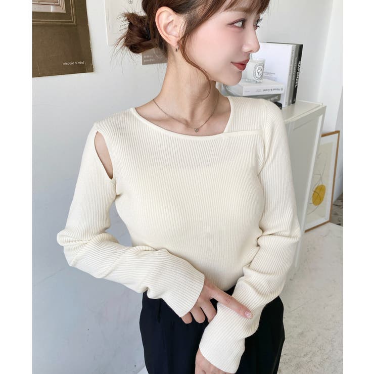 ショルダースリットアシンメトリーネックリブニットプルオーバー12G | moment+ | 詳細画像10 