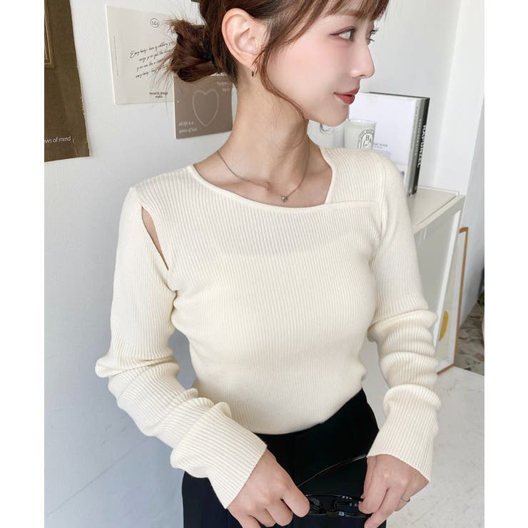 ショルダースリットアシンメトリーネックリブニットプルオーバー12G | moment+ | 詳細画像12 