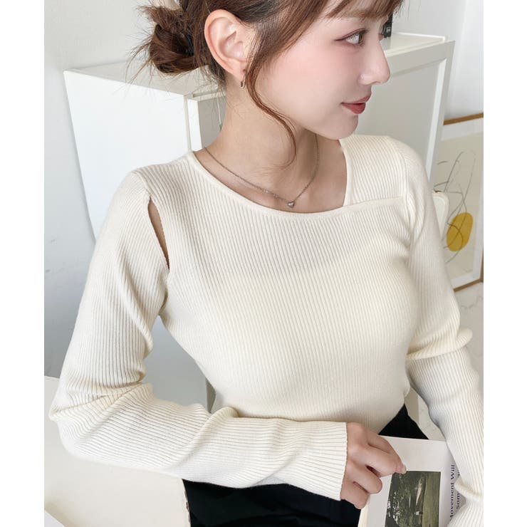 ショルダースリットアシンメトリーネックリブニットプルオーバー12G | moment+ | 詳細画像13 