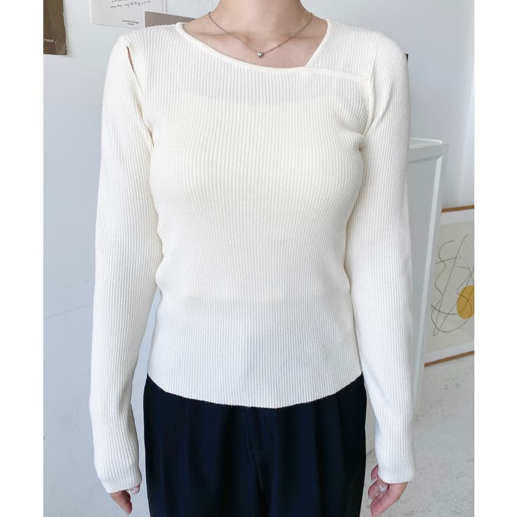 ショルダースリットアシンメトリーネックリブニットプルオーバー12G | moment+ | 詳細画像14 