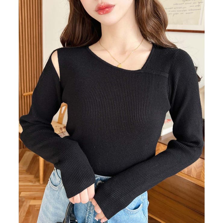 ショルダースリットアシンメトリーネックリブニットプルオーバー12G | moment+ | 詳細画像19 