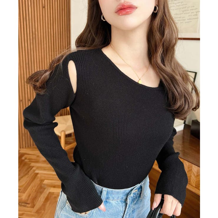 ショルダースリットアシンメトリーネックリブニットプルオーバー12G | moment+ | 詳細画像20 