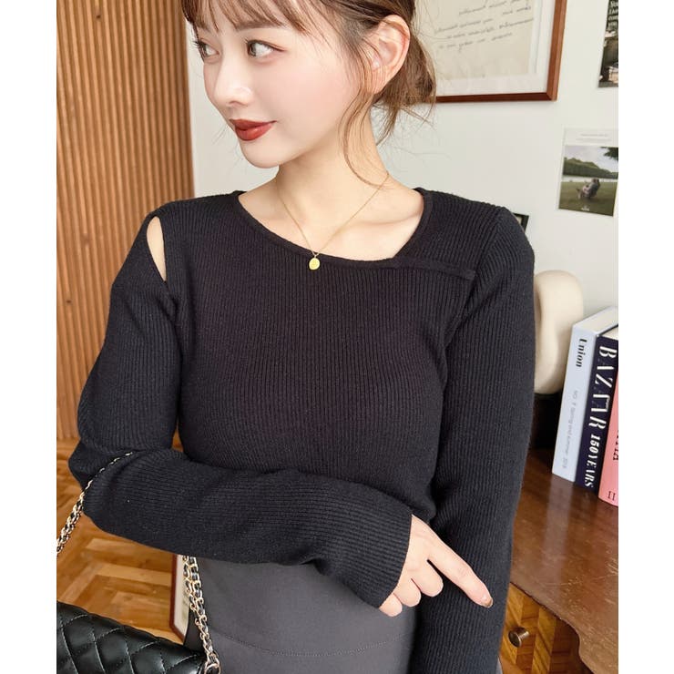 ショルダースリットアシンメトリーネックリブニットプルオーバー12G | moment+ | 詳細画像25 