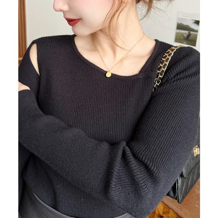 ショルダースリットアシンメトリーネックリブニットプルオーバー12G | moment+ | 詳細画像26 