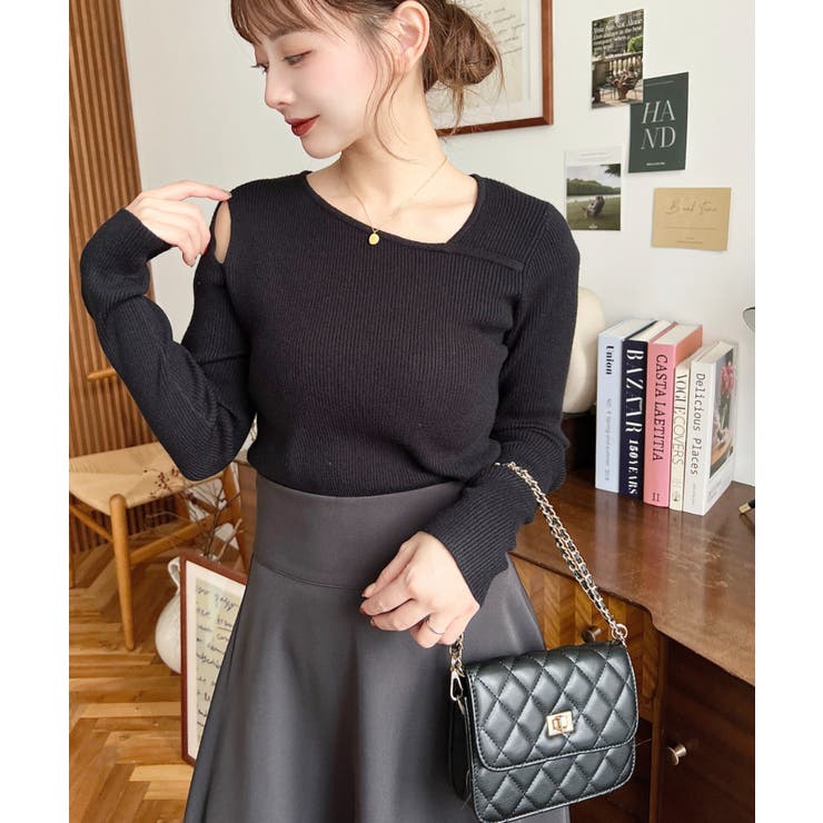 ショルダースリットアシンメトリーネックリブニットプルオーバー12G | moment+ | 詳細画像28 