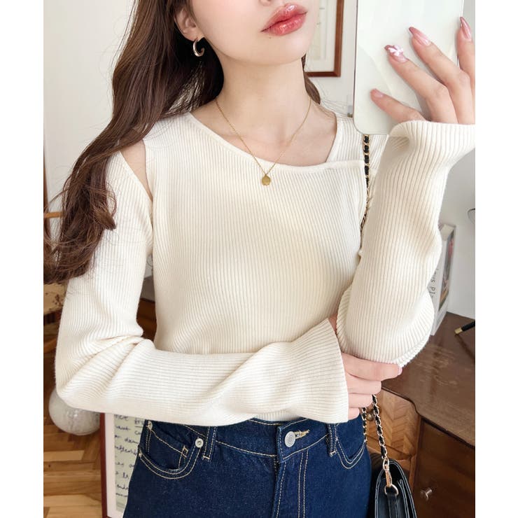 ショルダースリットアシンメトリーネックリブニットプルオーバー12G | moment+ | 詳細画像3 