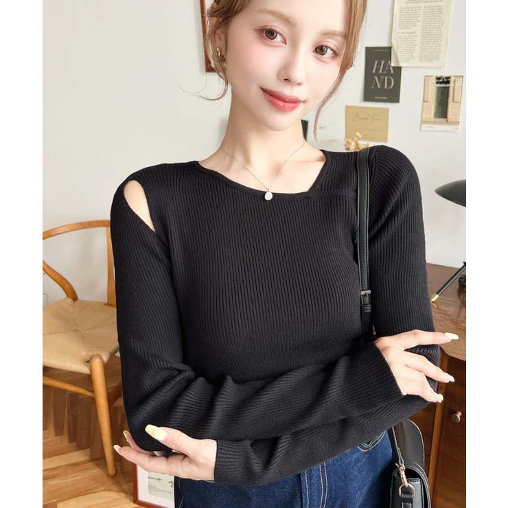 ショルダースリットアシンメトリーネックリブニットプルオーバー12G | moment+ | 詳細画像29 