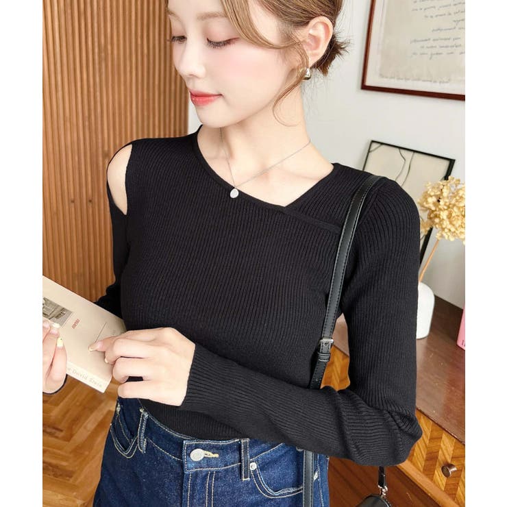 ショルダースリットアシンメトリーネックリブニットプルオーバー12G | moment+ | 詳細画像30 