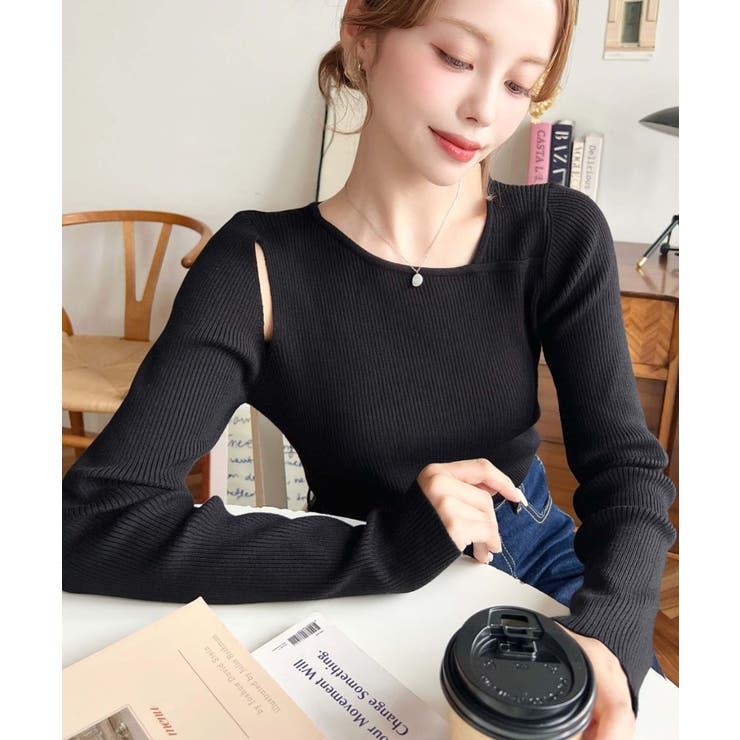 ショルダースリットアシンメトリーネックリブニットプルオーバー12G | moment+ | 詳細画像32 