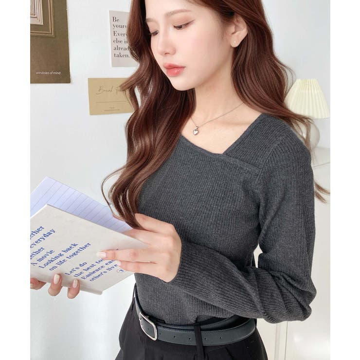 ショルダースリットアシンメトリーネックリブニットプルオーバー12G | moment+ | 詳細画像34 