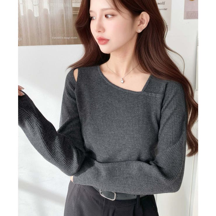 ショルダースリットアシンメトリーネックリブニットプルオーバー12G | moment+ | 詳細画像35 