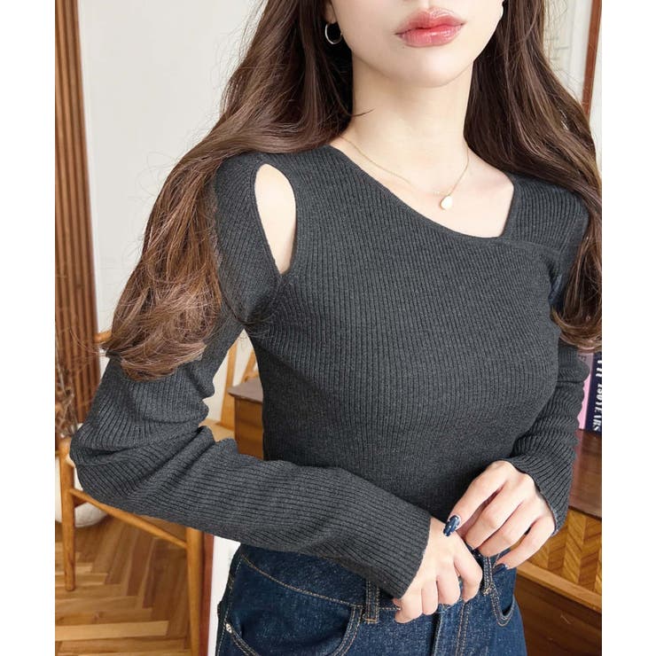 ショルダースリットアシンメトリーネックリブニットプルオーバー12G | moment+ | 詳細画像37 