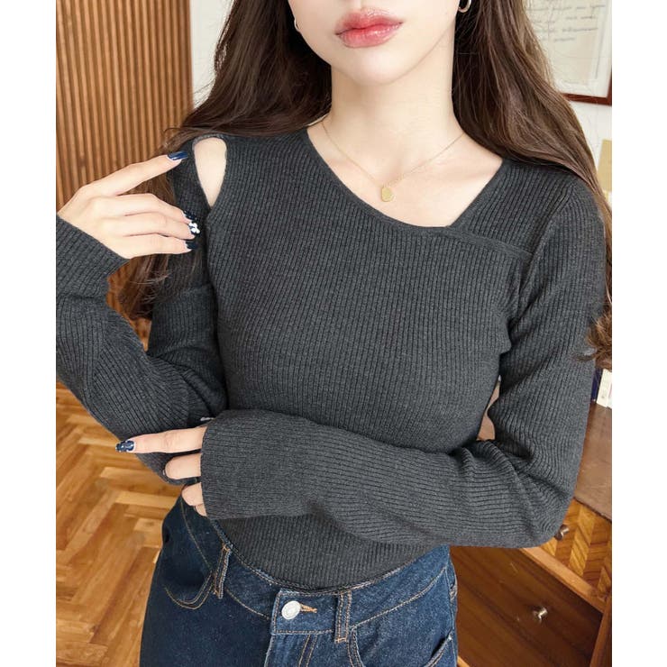 ショルダースリットアシンメトリーネックリブニットプルオーバー12G | moment+ | 詳細画像38 