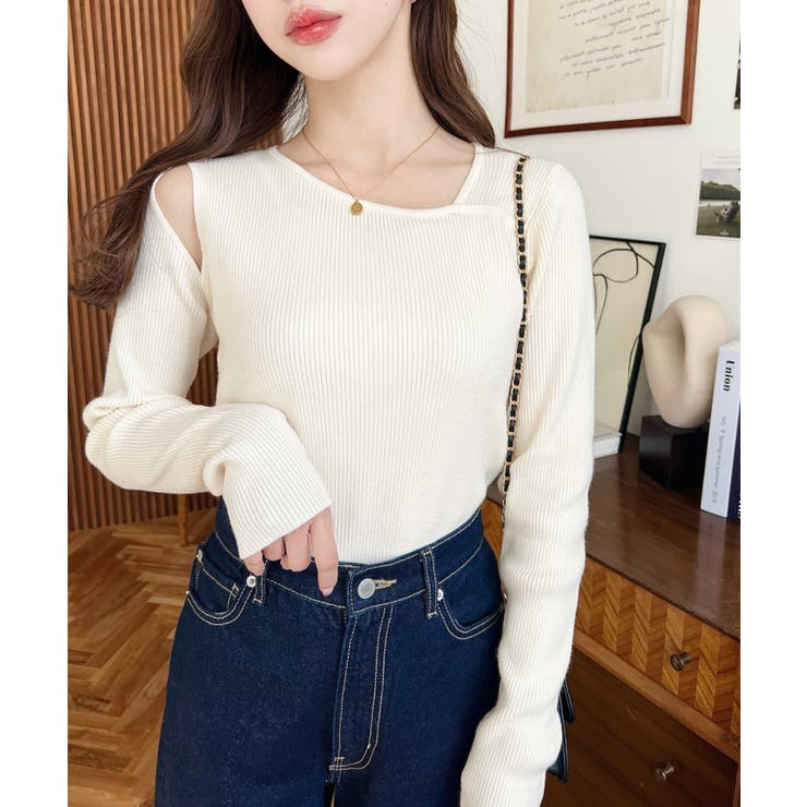 ショルダースリットアシンメトリーネックリブニットプルオーバー12G | moment+ | 詳細画像4 