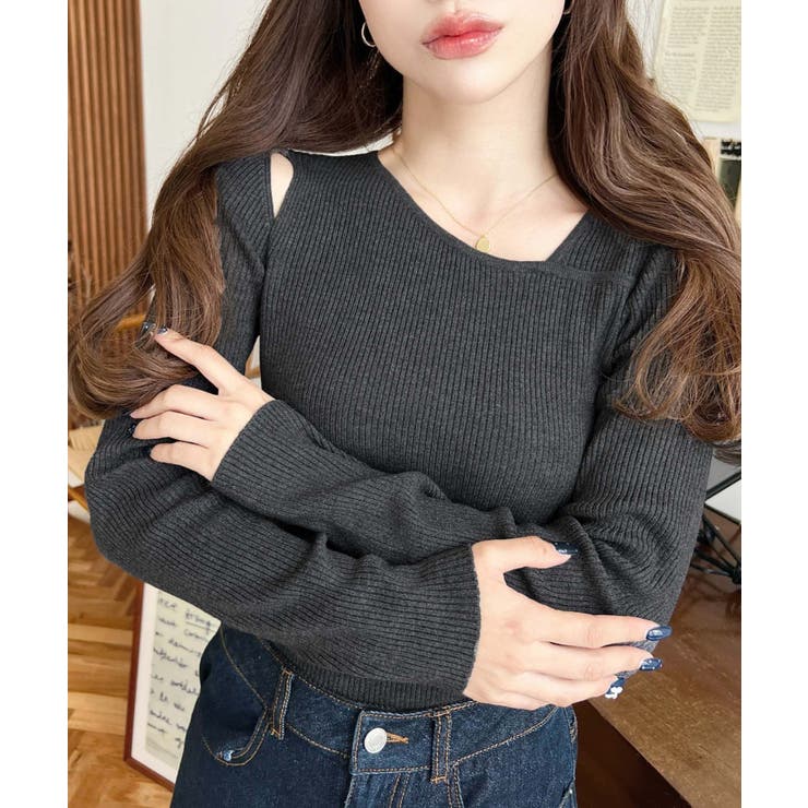 ショルダースリットアシンメトリーネックリブニットプルオーバー12G | moment+ | 詳細画像39 