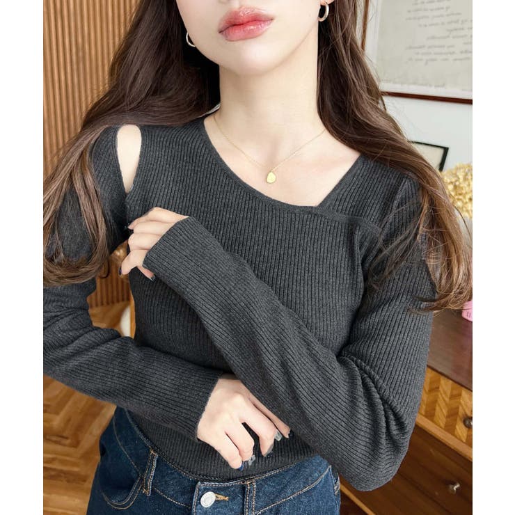 ショルダースリットアシンメトリーネックリブニットプルオーバー12G | moment+ | 詳細画像40 