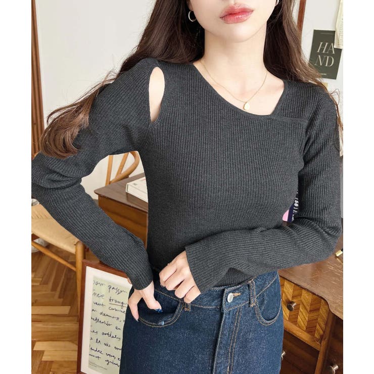 ショルダースリットアシンメトリーネックリブニットプルオーバー12G | moment+ | 詳細画像41 