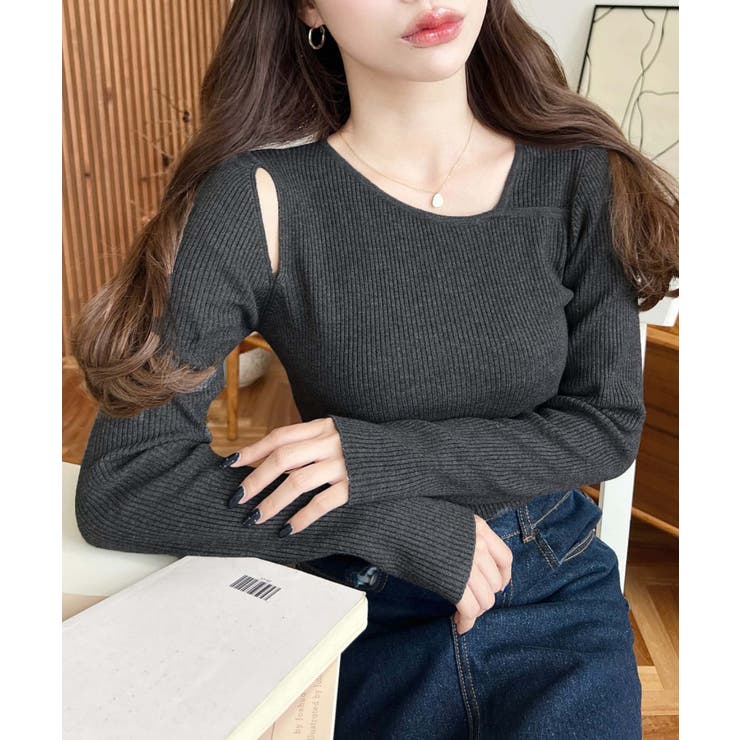 ショルダースリットアシンメトリーネックリブニットプルオーバー12G | moment+ | 詳細画像42 