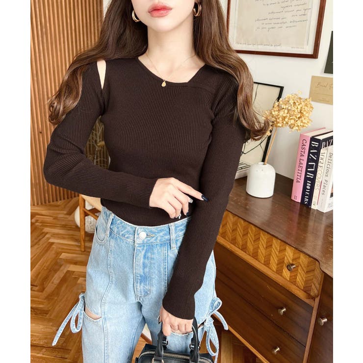 ショルダースリットアシンメトリーネックリブニットプルオーバー12G | moment+ | 詳細画像44 