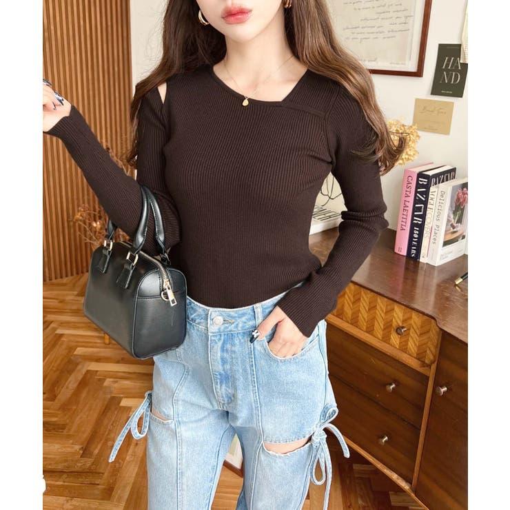 ショルダースリットアシンメトリーネックリブニットプルオーバー12G | moment+ | 詳細画像45 