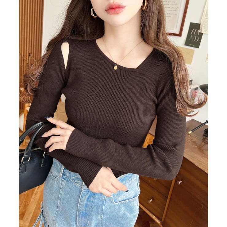 ショルダースリットアシンメトリーネックリブニットプルオーバー12G | moment+ | 詳細画像46 