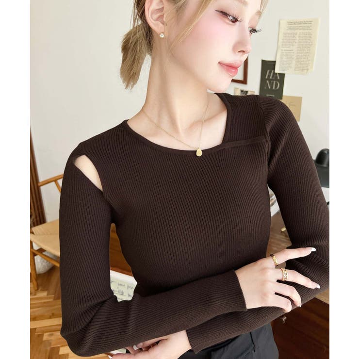 ショルダースリットアシンメトリーネックリブニットプルオーバー12G | moment+ | 詳細画像47 