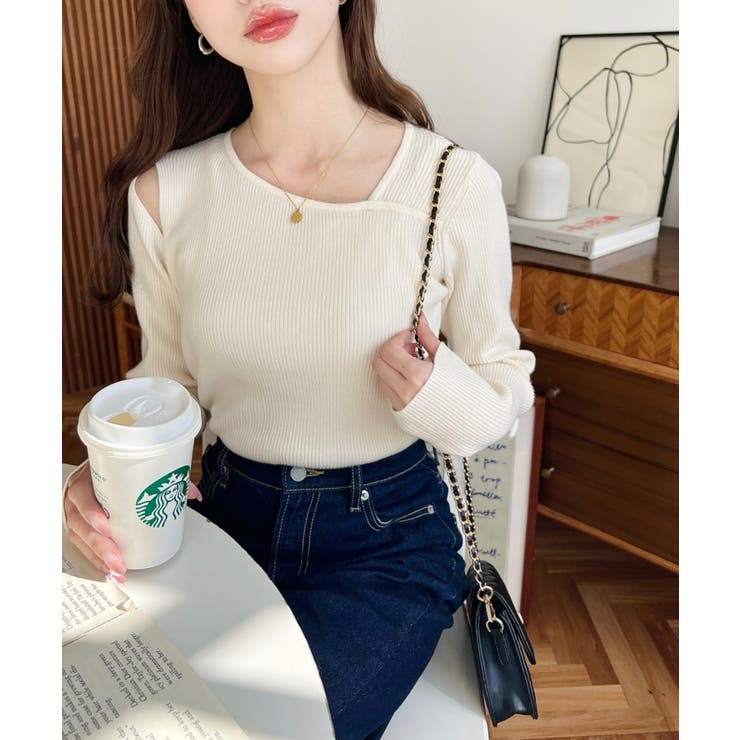 ショルダースリットアシンメトリーネックリブニットプルオーバー12G | moment+ | 詳細画像5 