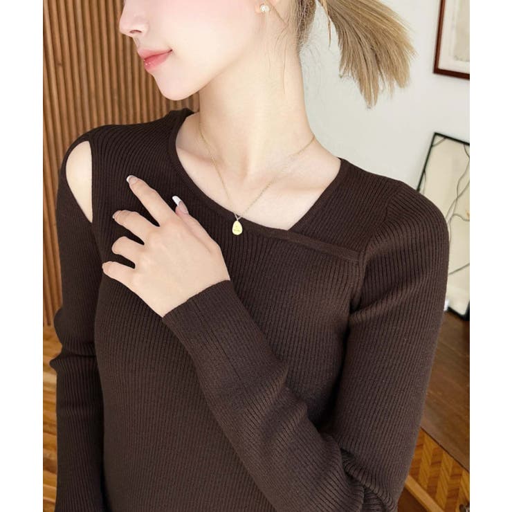 ショルダースリットアシンメトリーネックリブニットプルオーバー12G | moment+ | 詳細画像49 