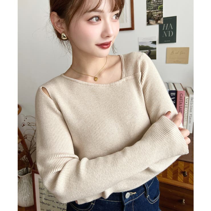 ショルダースリットアシンメトリーネックリブニットプルオーバー12G | moment+ | 詳細画像52 