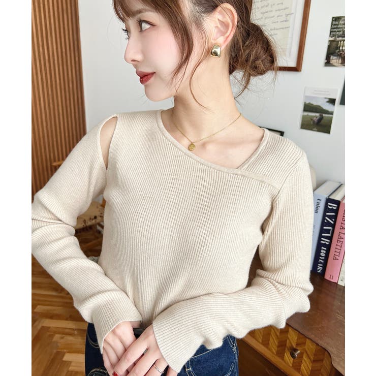 ショルダースリットアシンメトリーネックリブニットプルオーバー12G | moment+ | 詳細画像53 