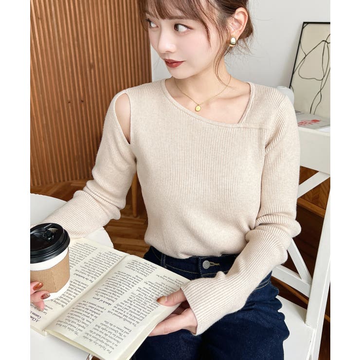 ショルダースリットアシンメトリーネックリブニットプルオーバー12G | moment+ | 詳細画像55 