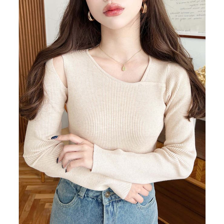 ショルダースリットアシンメトリーネックリブニットプルオーバー12G | moment+ | 詳細画像56 