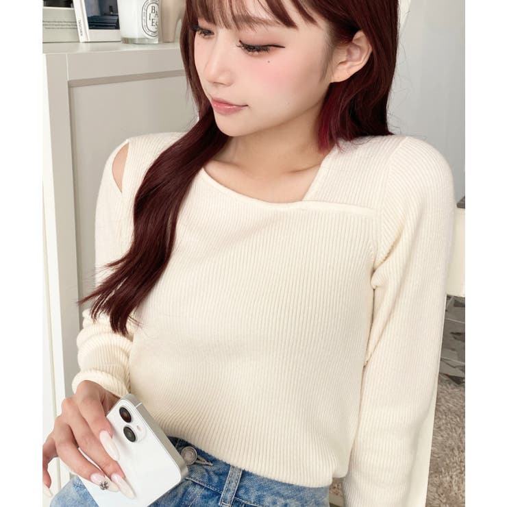 ショルダースリットアシンメトリーネックリブニットプルオーバー12G | moment+ | 詳細画像6 