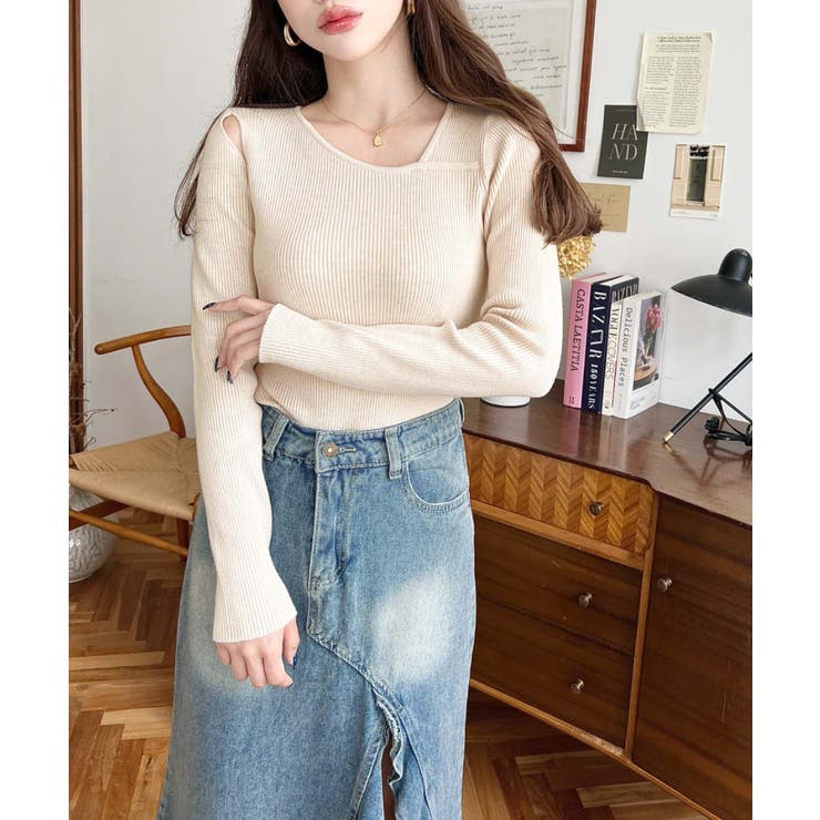 ショルダースリットアシンメトリーネックリブニットプルオーバー12G | moment+ | 詳細画像59 