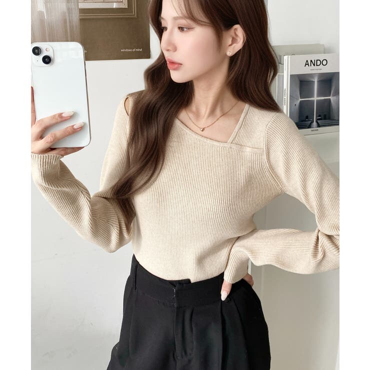 ショルダースリットアシンメトリーネックリブニットプルオーバー12G | moment+ | 詳細画像63 