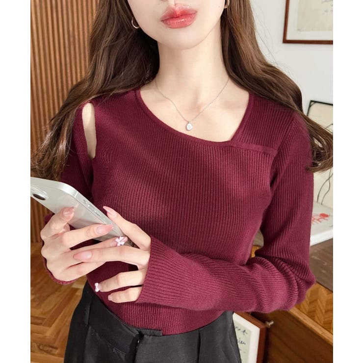 ショルダースリットアシンメトリーネックリブニットプルオーバー12G | moment+ | 詳細画像68 