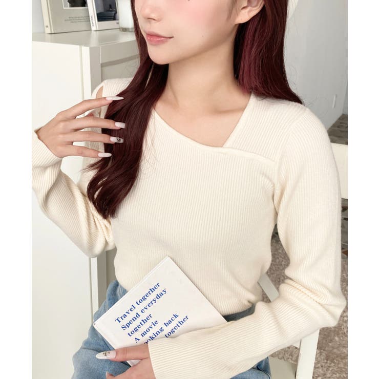 ショルダースリットアシンメトリーネックリブニットプルオーバー12G | moment+ | 詳細画像7 