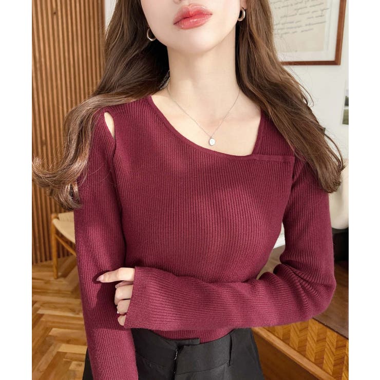 ショルダースリットアシンメトリーネックリブニットプルオーバー12G | moment+ | 詳細画像69 