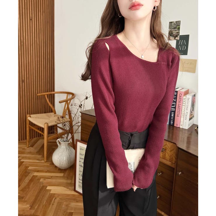 ショルダースリットアシンメトリーネックリブニットプルオーバー12G | moment+ | 詳細画像71 