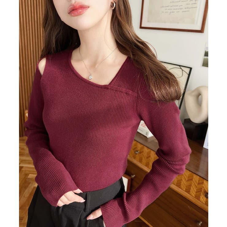 ショルダースリットアシンメトリーネックリブニットプルオーバー12G | moment+ | 詳細画像72 