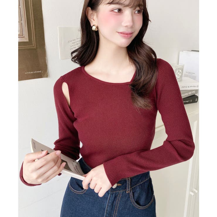 ショルダースリットアシンメトリーネックリブニットプルオーバー12G | moment+ | 詳細画像73 