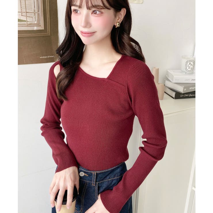 ショルダースリットアシンメトリーネックリブニットプルオーバー12G | moment+ | 詳細画像74 