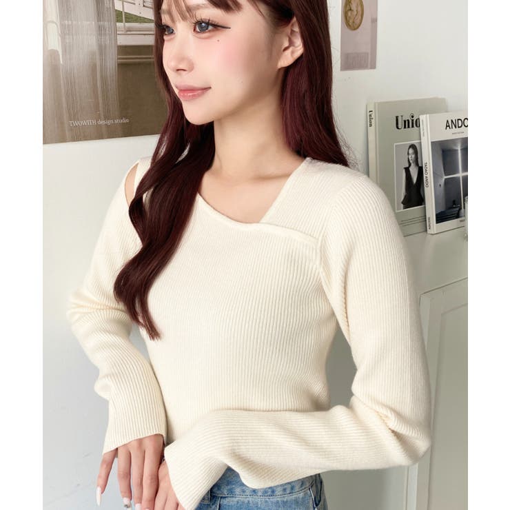 ショルダースリットアシンメトリーネックリブニットプルオーバー12G | moment+ | 詳細画像8 